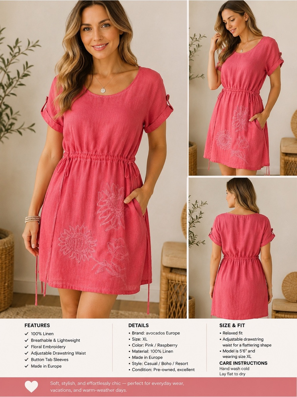 Avocados Europe 100% Linen Dress – Pink Embroidered Boho Dress – Women’s XL